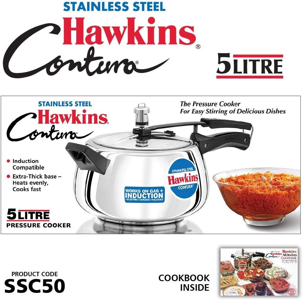Hawkins Contura Stainless Steel Pressure Cooker, 5.0 Liter Capacity